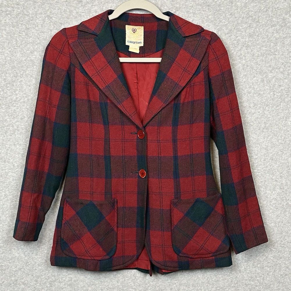 VTG College Town Blazer Jacket 5/6 Red Tartan Plaid Wool Blend‎ Preppy Academia
